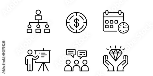 Collection of business and management line icons representing strategy, finance, and teamwork