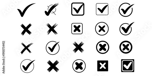 Set of diverse black tick and cross icons including hand drawn and geometric styles