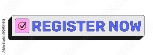 Register now rectangular UI web button. User registration open. Enrollment sign up. Quick event signup. Colorful clickable element. Call to action for social media, streaming. Rubik font used