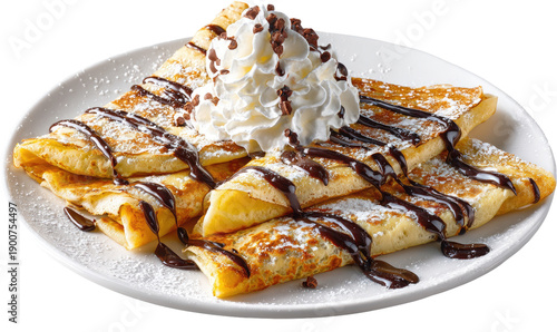 Stack of thin, golden crepes topped with whipped cream, chocolate sauce, and cocoa nibs, dusted with powdered sugar