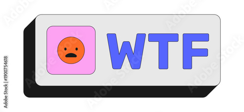 WTF rectangular UI web button. Jaw-dropping reaction. Confusion disbelief. Weird content. Internet shock. Colorful clickable element. Call to action for social media, streaming. Rubik font used