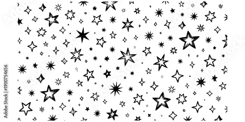 Hand drawn black and white starry sky background pattern with various star shapes and sizes.