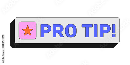 Pro tip rectangular UI web button. Professional expert advice. Insider knowledge. Helpful useful hack. Colorful clickable element. Call to action for social media, streaming. Rubik font used