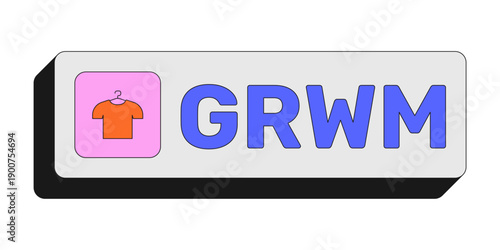 GRWM rectangular UI web button. Get ready with me. Fashion content creator. Beauty routine. Daily glam. Colorful clickable element. Call to action for social media, streaming. Rubik font used