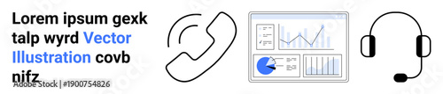 Headset, phone receiver, and analytic dashboard. Ideal for customer service, tech support, analytics, data monitoring, telecommunication, business solutions simple landing page
