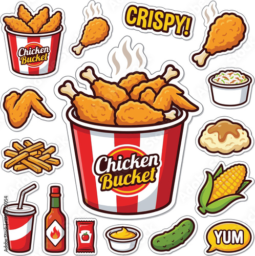 Cute Crispy Fried Chicken Bucket Vector Sticker. Bucket piled with fried drumsticks and wings isolated