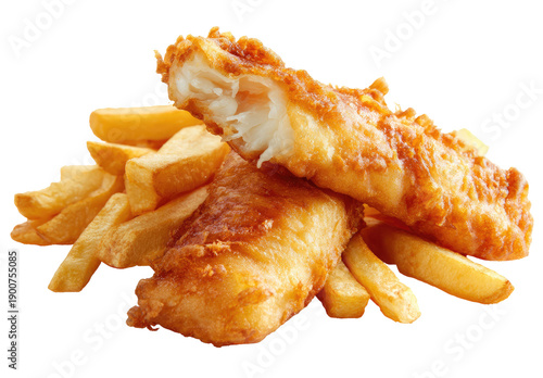 Crispy golden-fried fish and chips. Two pieces of battered fish, golden brown, sit atop a pile of hot, light-brown, crinkle-cut chips