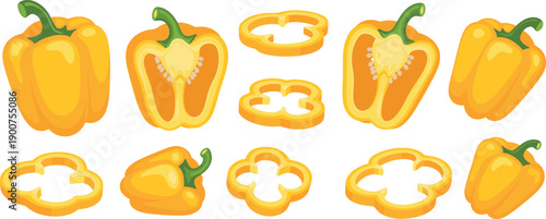 Set of sliced yellow bell peppers in different cut views flat vector illustration