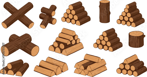 Set of stacked wooden logs and timber vector illustrations representing firewood, lumber and forestry material concepts