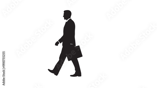 Businessman walking with briefcase in silhouette style with dark monochrome color on white background for corporate use