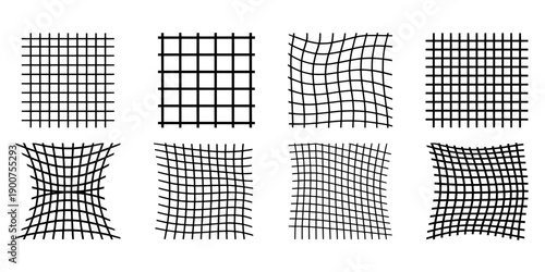 Collection of black and white grid patterns with various distortions and line weights