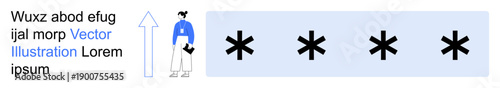 Data analysis, personal security, business growth, encryption, teamwork, digital processes. Person standing next to an upward arrow and asterisks. Business growth and data analysis concepts
