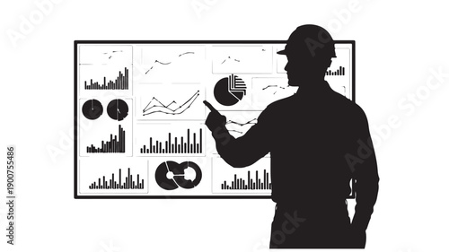 Businessman analyzing data in black silhouette with magnifying glass in modern office setting for corporate presentation