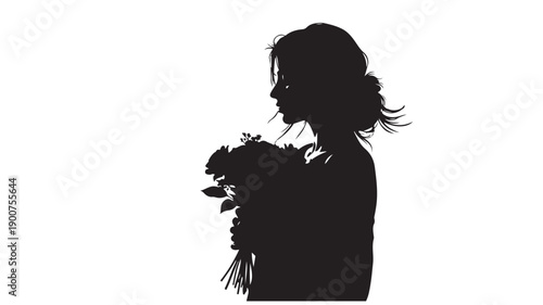 Woman with flowers in silhouette profile with soft lighting on white background for emotional portrait