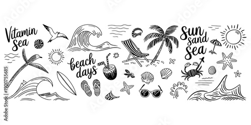 Collection of hand drawn summer beach doodles and lettering elements for vacation design