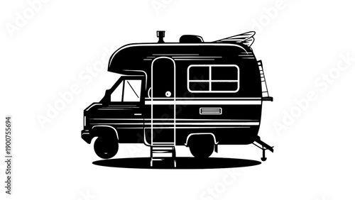 A black and white illustration of a camper van with a surfboard