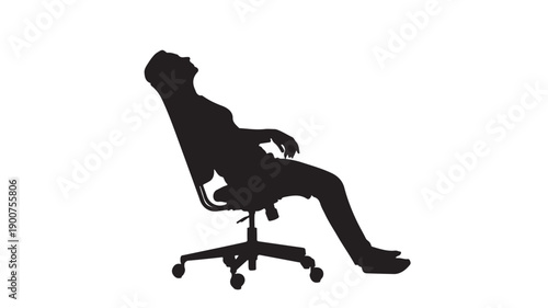 Relaxed businessperson silhouette in office chair with reclined backrest in minimalist black profile on white background for corporate use