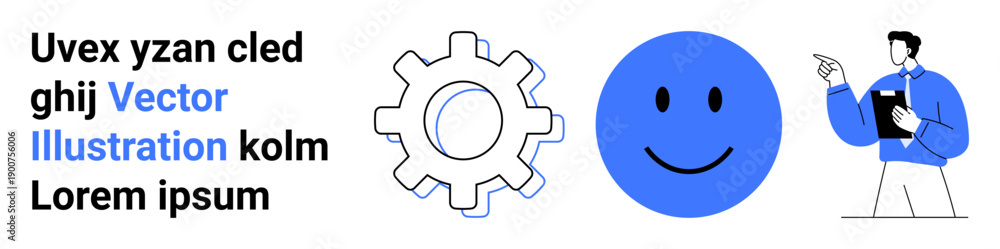 Fototapeta premium Business strategy, teamwork, education, technology, communication, abstract s. Gear with text, smile face icon man holding clipboard. Business strategy and teamwork concept