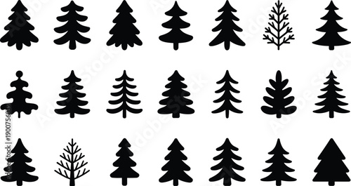 Black pine tree silhouettes collection isolated on white background, stylized evergreen forest icons set, natural shapes for winter design, logo, decoration, and nature concepts