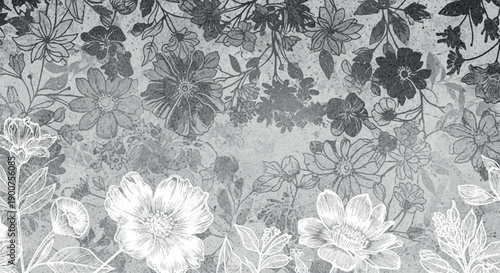 Monochrome floral botanical pattern with vintage hand-drawn texture