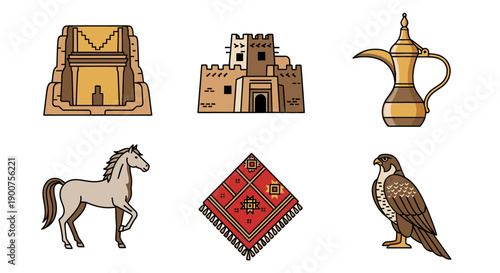 Traditional Arabian illustrations featuring a castle, coffeepot, horse, carpet, and hawk in a cultural heritage setting from a straightforward viewpoint
