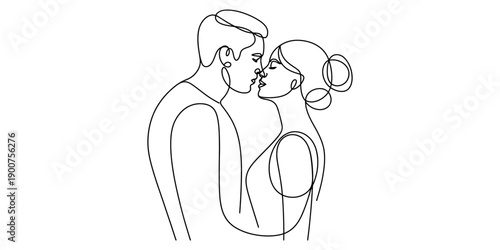 Minimalist one line drawing of a romantic couple about to kiss on a white background.