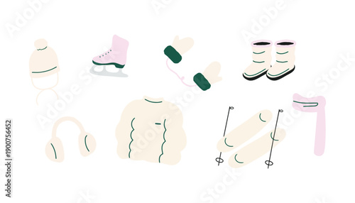A collection of winter clothing and accessories for ice skating