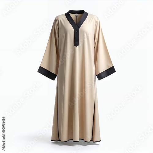 Elegant cream-colored dress with contrasting black trim on a pristine white backdrop