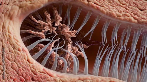 Damaged Cochlea Hair Cells Showing Broken Stereocilia and Continuous Nerve Signal Activity in Ultra Detailed Inner Ear Anatomy