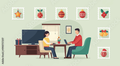 Two people work remotely at a table, with Christmas decorations around