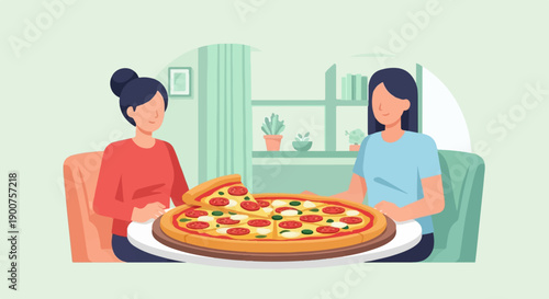 Two people enjoying a large pizza indoors