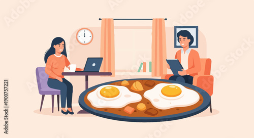 Two people enjoying a meal and working from home