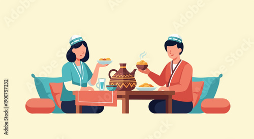 Two people enjoying a meal at a low table with a decorated teapot