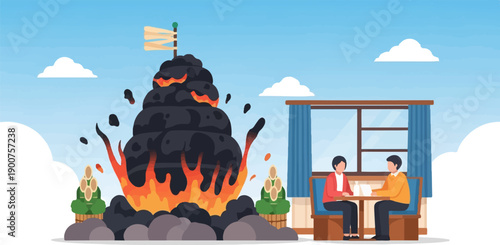 Two people work at a table with a volcano erupting nearby
