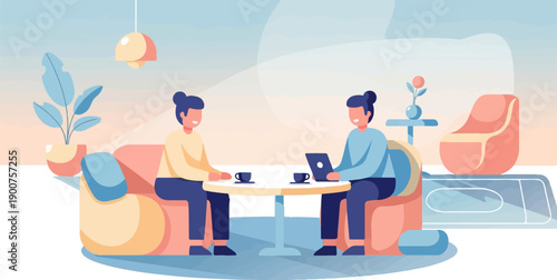 Two people enjoying coffee and conversation in a modern cafe setting