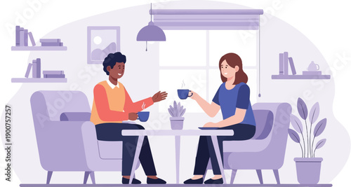Two people enjoying coffee and conversation in a cozy living room