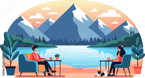 Two people enjoying coffee by a lake with mountains at sunset