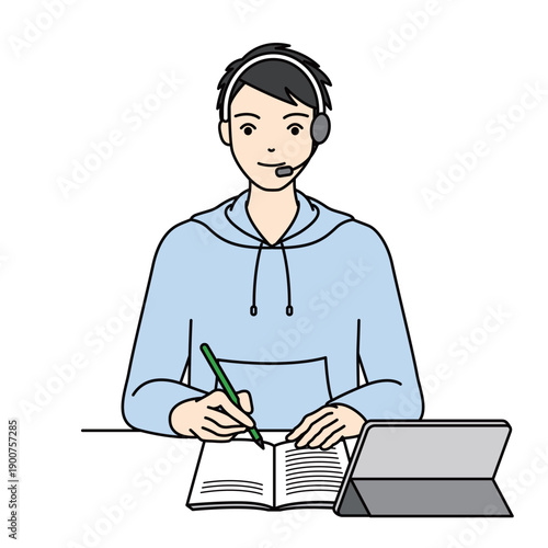 High school student in hoodie wearing headset for online study