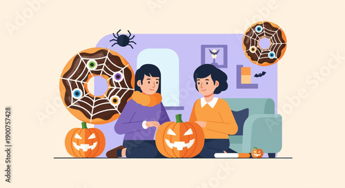 Two friends carve pumpkins for Halloween beside spooky spiderweb donuts
