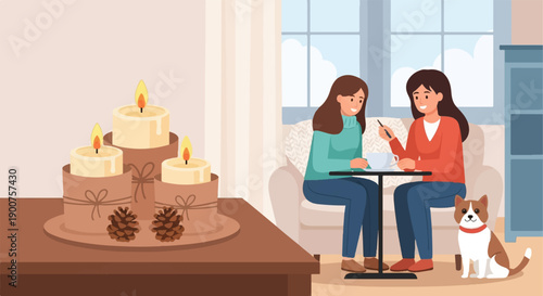 Two friends enjoy a cozy indoor scene with candles, a cat, and a window view