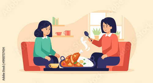 Two friends enjoy a meal together in a cozy indoor setting