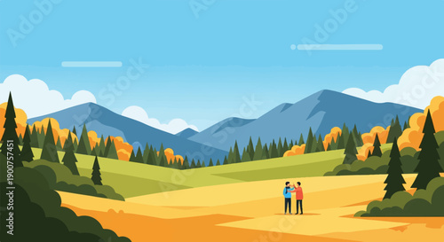 Two friends enjoy an autumn landscape with mountains and colorful trees