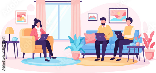 Three people in a living room using laptops