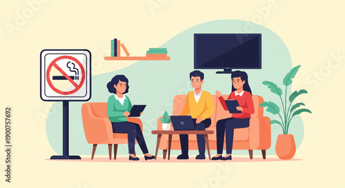 Three people in a lounge area near a no smoking sign