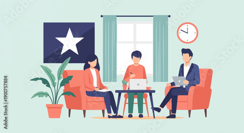 Three people in an office setting with a star painting and plants