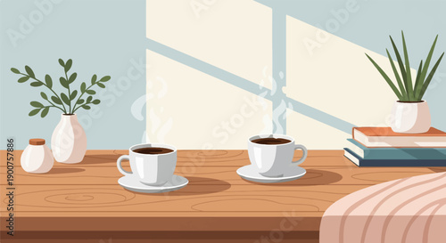 Two steaming cups of coffee sit on a wooden table beside plants and books