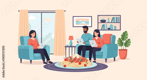 Three people in cozy living room with a large plate of pasta and tablets