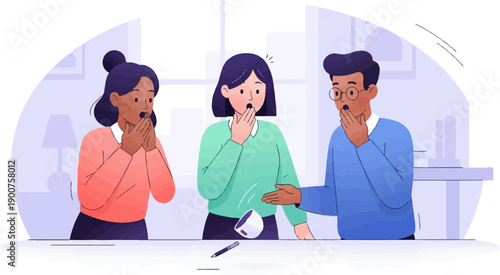 Three people react with shock as a cup falls