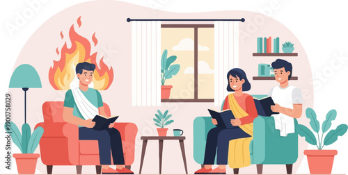 Three people reading books in a living room with a fire in the background