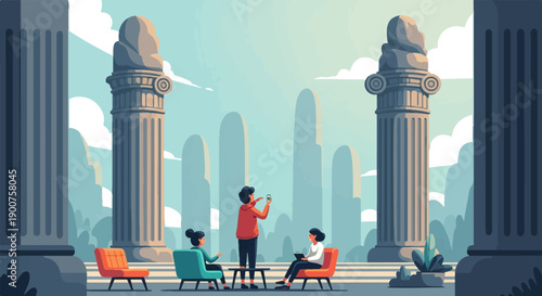 Three people relax and connect amidst classical columns and sky